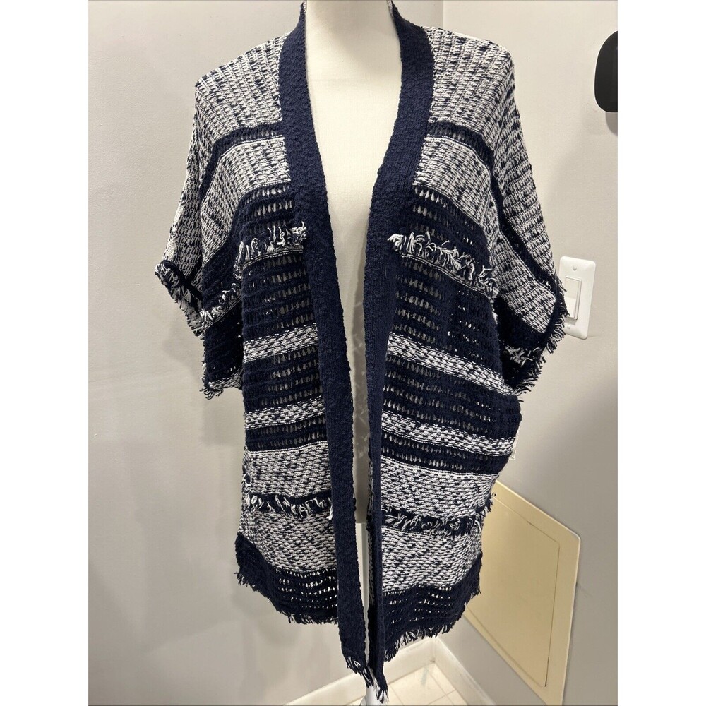 Style & Co New Cardigan Sweater Navy Blue Striped Short Sleeve Open Front Size S